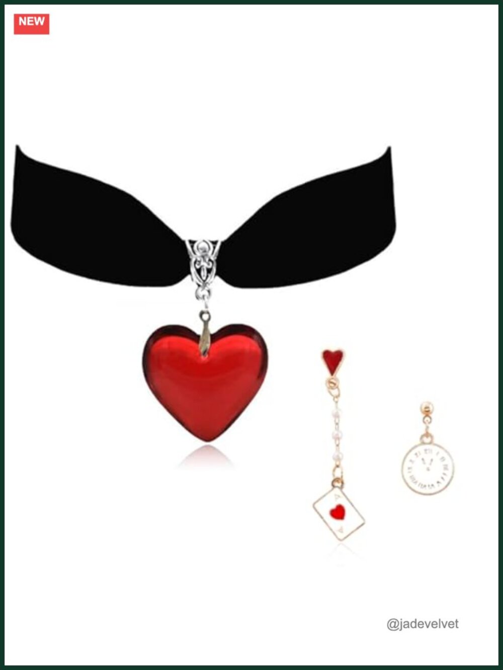 Poker Earrings Necklace Set Alloy Velvet Choker Heart Crystal Dangle Costume